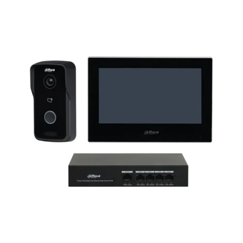 DHI-KTP03/DHI-VTO2111D-P-S3/DHI-VTH2621G-P. Kit video portero monitor interior 7" VTO y Switch 4 interfaces