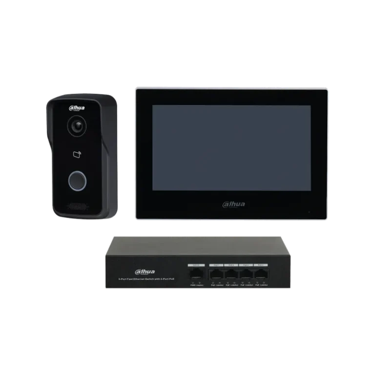 DHI-KTP03/DHI-VTO2111D-P-S3/DHI-VTH2621G-P. Kit video portero monitor interior 7" VTO y Switch 4 interfaces