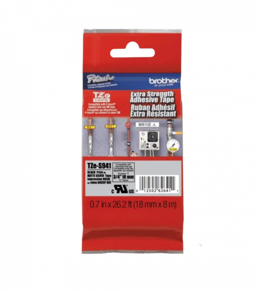 TZeS941. Cinta BROTHER 18mm Negro en Fondo Plateado 8mt p/PT-E300/E550/D600