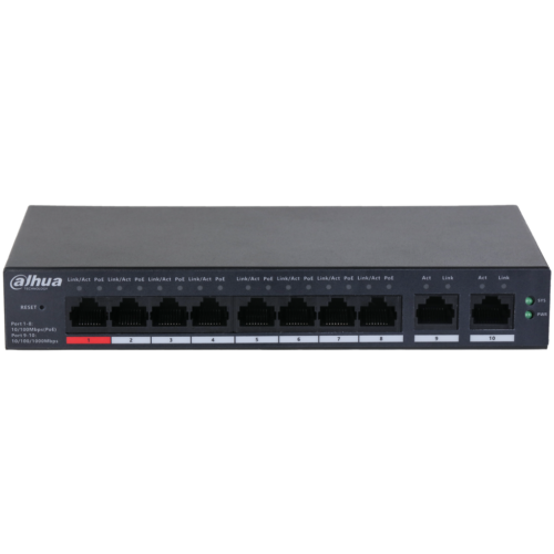 DH-CS4010-8ET-110. Switch Dahua 8 Puertos PoE 10/100 2 puertos uplink 10/100/1000 administrado por c