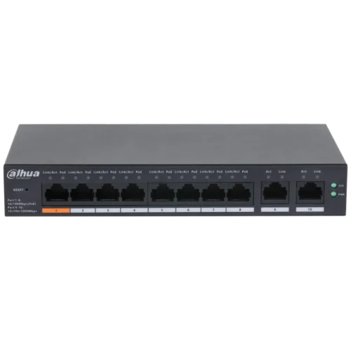 DH-CS4010-8ET-60. Switch dahua cloud de 8 puertos PoE 10/100 Mbps 2 puertos Uplink de 10/100/1000 Mbps, soporta máximo 60W entre todos sus puertos PoE