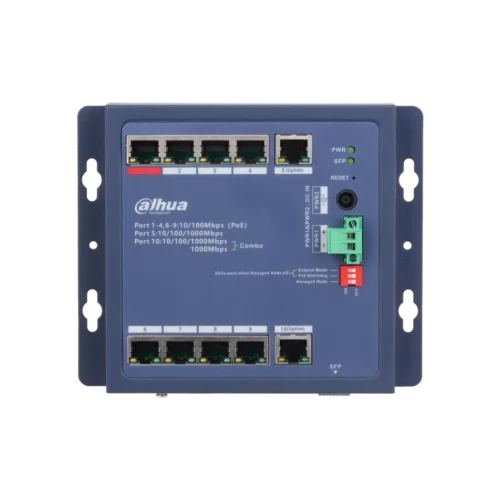 DH-CHS4110-8ET-90-F. Switch Dahua industrial, Puertos del 1-8 10/100 PoE 90 W y 9-10 10/100/1000, Layer 2 con administracion en nube, IP30 y IK06.