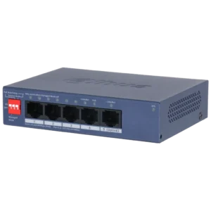 DH-CS4005-4ET1GT-36. Switch Dahua de 5 Puertos administrado por cloud 4 puertos 10/100 Mbps PoE 1 puerto 10/100/1000 Mbps soporta 36 Watt máximo.