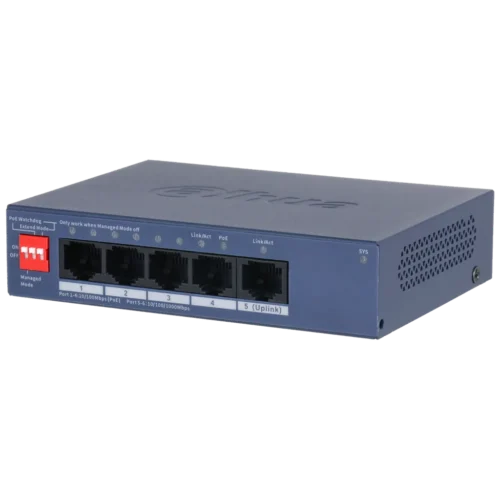 DH-CS4005-4ET1GT-36. Switch Dahua de 5 Puertos administrado por cloud 4 puertos 10/100 Mbps PoE 1 puerto 10/100/1000 Mbps soporta 36 Watt máximo.