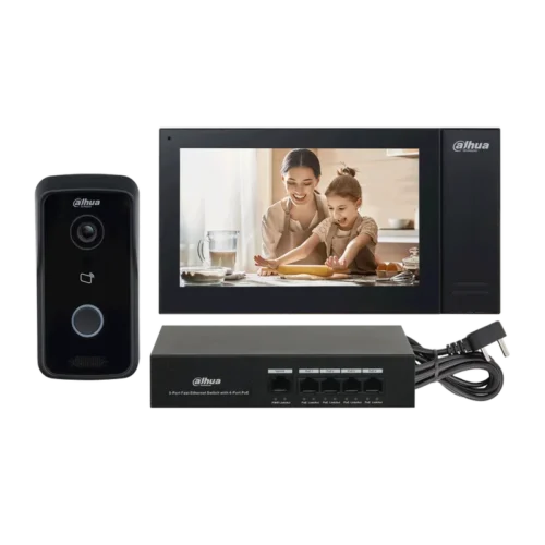 DHI-KTP02/DHI-VTO2111D-P-S3/DHI-VTH2421FB-P. KIT VIDEO PORTERO IP DAHUA. CABLEADO. INCLUYE SWITCH.