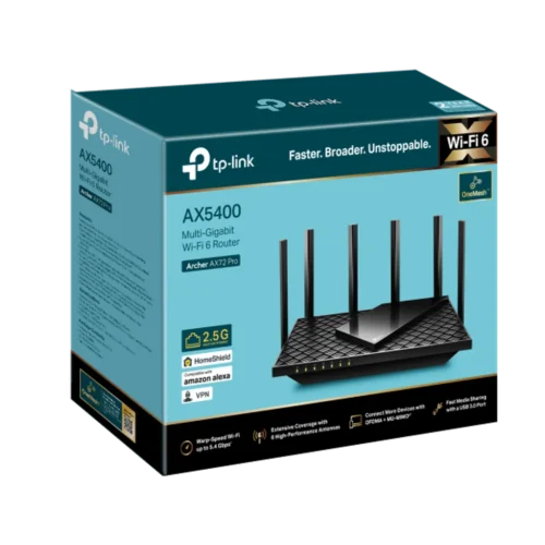 Archer AX72 Pro. Router WiFi 6 Tp-Link AX5400 doble banda (4804Mbps en 5GHz y 574Mbps en 2.4GHz) MU-MIMO 4X4 1 puerto 2.5Gbps (WAN/LAN) 1 puerto 1Gbps (WAN/LAN) 4 puertos LAN 1Gbps