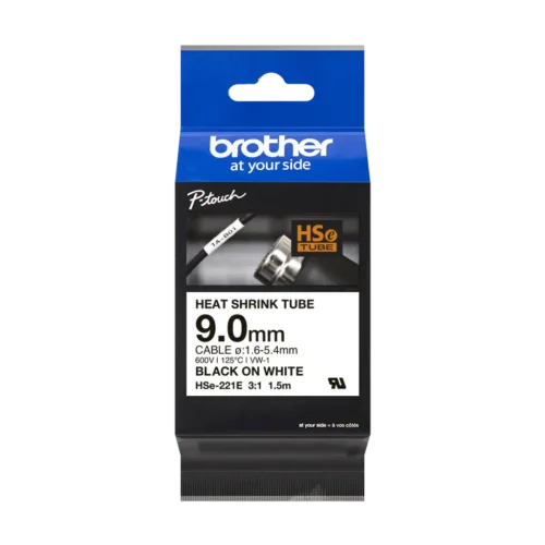HSe221e. Tubo BROTHER 9mm Termo retráctil 1,6-5,4mm Negro en Blanco de 1,5mt
