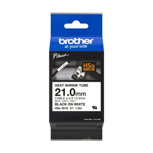 HSe251e. Tubo BROTHER 23,6mm Termo retráctil 7,3-14,3mm Negro en Blanco de 1,5mt