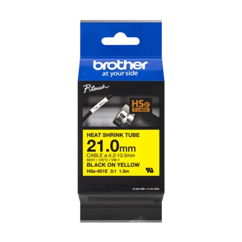 HSe651e. Tubo BROTHER 21mm Am Termo retráctil 4,2-13,5mm Negro en Amarillo de 1,5mt