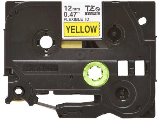 TZeFX631. Cinta BROTHER Flex 12mm Negro en Amarillo 8mt p/PT-H110 Extra-Flexible