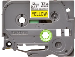 TZeS631_1 TZeS631. Cinta BROTHER E-P 12mm Negro en Amarillo 8mt p/PT-H110 Extra-Pegamento