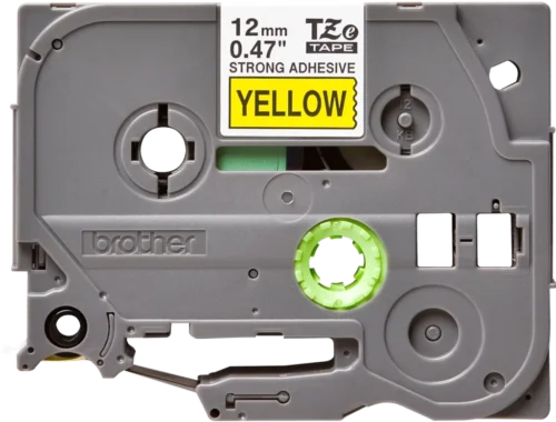 TZeS631. Cinta BROTHER E-P 12mm Negro en Amarillo 8mt p/PT-H110 Extra-Pegamento