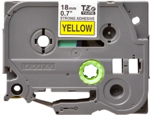 TZeS641_1 TZeS641. Cinta BROTHER E-P 18mm Negro en Amarillo 8mt p/PT-E300VP/D600VP Extra Pegamento
