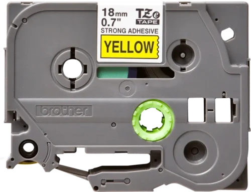 TZeS641. Cinta BROTHER E-P 18mm Negro en Amarillo 8mt p/PT-E300VP/D600VP Extra Pegamento