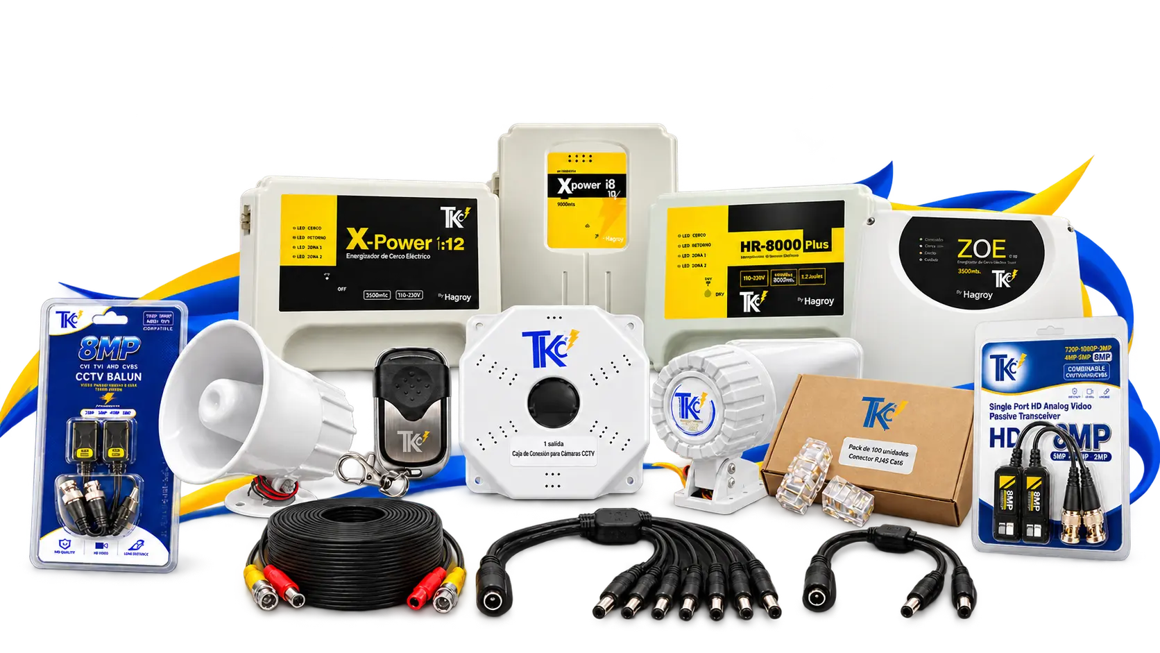 Equipos y accesorios TKC: energizadores de cerco, balunes, conectores, sirenas y cajas de conexión
